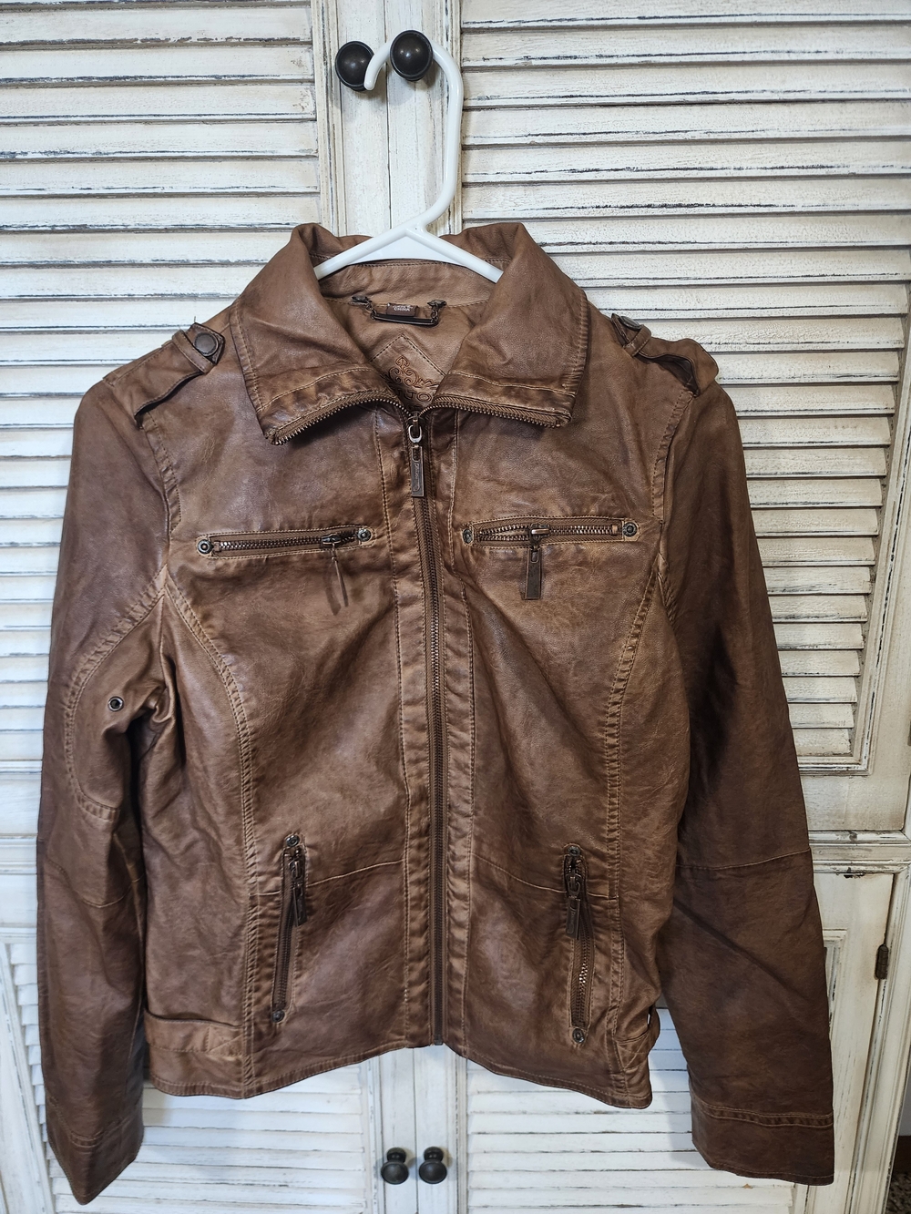 Brown Faux Leather Zip-Front  Jacket Jou Jou Juniors M